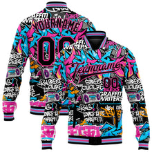 Load image into Gallery viewer, Custom Graffiti Pattern Black Pink Grunge Urban Street Art 3D Bomber Full-Snap Varsity Letterman Jacket
