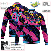 Load image into Gallery viewer, Custom Graffiti Pattern Pink Black-Sky Blue Abstract Futuristic 3D Bomber Full-Snap Varsity Letterman Jacket
