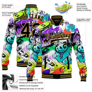 Custom Graffiti Pattern Black-Old Gold Grunge Urban Street Art 3D Bomber Full-Snap Varsity Letterman Jacket