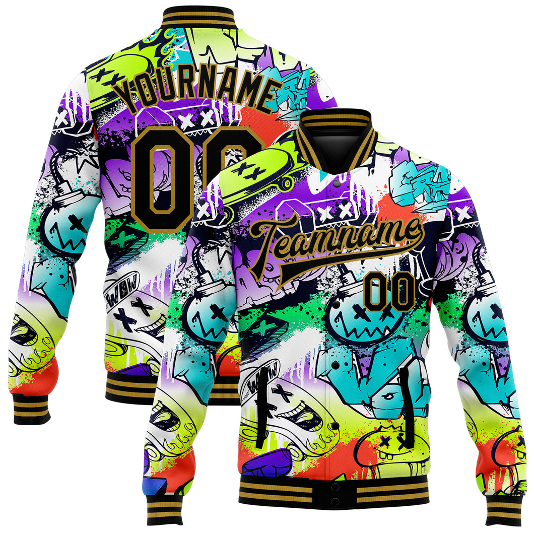 Custom Graffiti Pattern Black-Old Gold Grunge Urban Street Art 3D Bomber Full-Snap Varsity Letterman Jacket