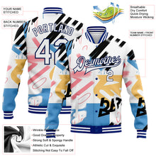 Load image into Gallery viewer, Custom Graffiti Pattern White-Royal Grunge Art 3D Bomber Full-Snap Varsity Letterman Jacket
