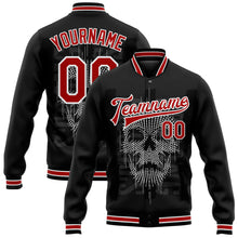 Load image into Gallery viewer, Custom Black Red-White Skull Fashion 3D Bomber Full-Snap Varsity Letterman Jacket
