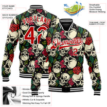 Load image into Gallery viewer, Custom Black Red-White Skull And Rose 3D Bomber Full-Snap Varsity Letterman Jacket
