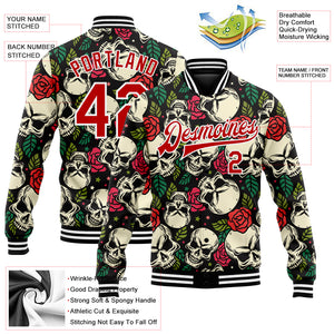 Custom Black Red-White Skull And Rose 3D Bomber Full-Snap Varsity Letterman Jacket