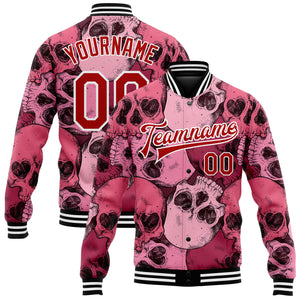 Custom Pink Red-White Skull With Heart Shaped Eyes 3D Bomber Full-Snap Varsity Letterman Jacket