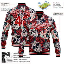 Load image into Gallery viewer, Custom Black Red-White Skull With Flower 3D Bomber Full-Snap Varsity Letterman Jacket
