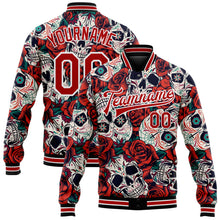 Load image into Gallery viewer, Custom Black Red-White Skull With Flower 3D Bomber Full-Snap Varsity Letterman Jacket
