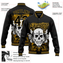 Load image into Gallery viewer, Custom Black Old Gold Skull With Wing 3D Bomber Full-Snap Varsity Letterman Jacket
