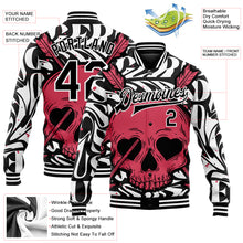 Load image into Gallery viewer, Custom Black White Pink Skull With Heart Shaped Eyes 3D Bomber Full-Snap Varsity Letterman Jacket
