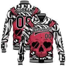 Load image into Gallery viewer, Custom Black White Pink Skull With Heart Shaped Eyes 3D Bomber Full-Snap Varsity Letterman Jacket
