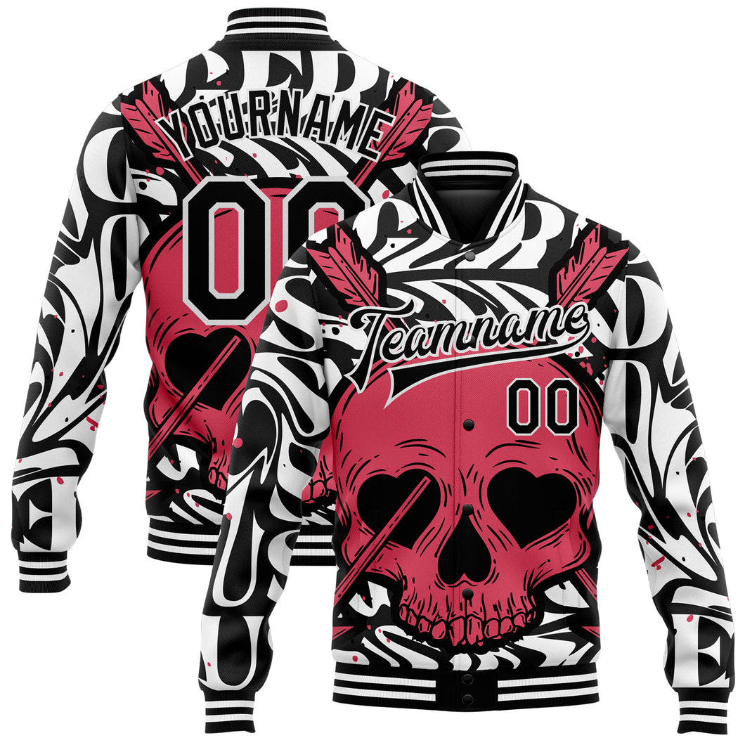 Custom Black White Pink Skull With Heart Shaped Eyes 3D Bomber Full-Snap Varsity Letterman Jacket