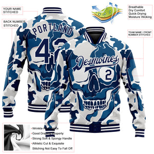 Custom Camo Navy-White Skull Fashion 3D Bomber Full-Snap Varsity Letterman Salute To Service Jacket