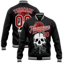 Load image into Gallery viewer, Custom Black Red-White Skull With Flower 3D Bomber Full-Snap Varsity Letterman Jacket
