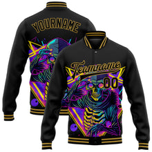 Load image into Gallery viewer, Custom Black Old Gold Psychedelic Skeleton Metal Apparel Dark Art 3D Bomber Full-Snap Varsity Letterman Jacket
