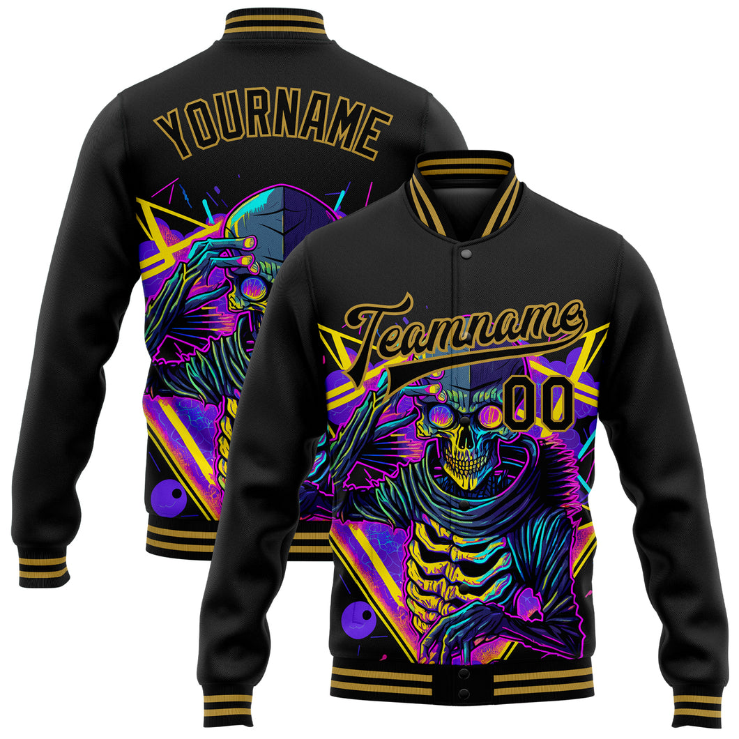 Custom Black Old Gold Psychedelic Skeleton Metal Apparel Dark Art 3D Bomber Full-Snap Varsity Letterman Jacket