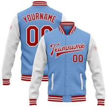Load image into Gallery viewer, Custom Light Blue Red-White Bomber Full-Snap Varsity Letterman Two Tone Jacket
