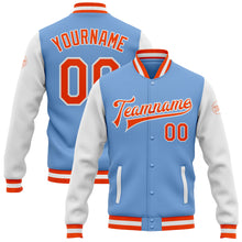 Load image into Gallery viewer, Custom Light Blue Orange-White Bomber Full-Snap Varsity Letterman Two Tone Jacket
