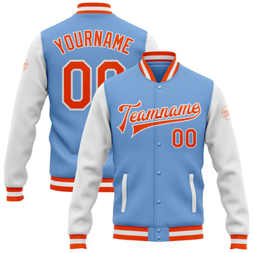 Custom Light Blue Orange-White Bomber Full-Snap Varsity Letterman Two Tone Jacket
