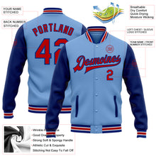 Load image into Gallery viewer, Custom Light Blue Red-Royal Bomber Full-Snap Varsity Letterman Two Tone Jacket
