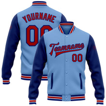Load image into Gallery viewer, Custom Light Blue Red-Royal Bomber Full-Snap Varsity Letterman Two Tone Jacket
