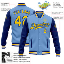 Load image into Gallery viewer, Custom Light Blue Yellow-Royal Bomber Full-Snap Varsity Letterman Two Tone Jacket
