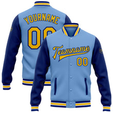 Load image into Gallery viewer, Custom Light Blue Yellow-Royal Bomber Full-Snap Varsity Letterman Two Tone Jacket
