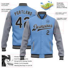 Load image into Gallery viewer, Custom Light Blue Black-Gray Bomber Full-Snap Varsity Letterman Two Tone Jacket
