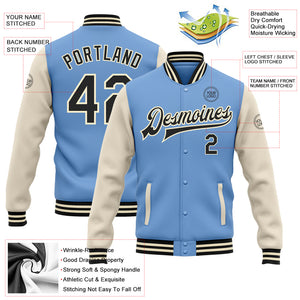 Custom Light Blue Black-Cream Bomber Full-Snap Varsity Letterman Two Tone Jacket