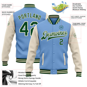 Custom Light Blue Green-Cream Bomber Full-Snap Varsity Letterman Two Tone Jacket