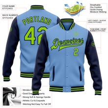 Load image into Gallery viewer, Custom Light Blue Neon Green-Navy Bomber Full-Snap Varsity Letterman Two Tone Jacket
