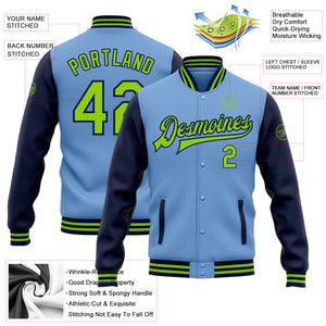 Custom Light Blue Neon Green-Navy Bomber Full-Snap Varsity Letterman Two Tone Jacket