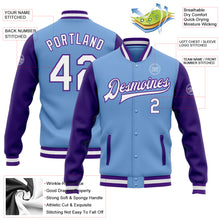 Load image into Gallery viewer, Custom Light Blue White-Purple Bomber Full-Snap Varsity Letterman Two Tone Jacket
