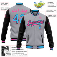 Load image into Gallery viewer, Custom Gray Sky Blue Black-Pink Bomber Full-Snap Varsity Letterman Two Tone Jacket
