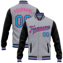 Load image into Gallery viewer, Custom Gray Sky Blue Black-Pink Bomber Full-Snap Varsity Letterman Two Tone Jacket
