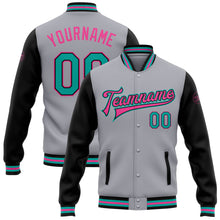 Load image into Gallery viewer, Custom Gray Aqua Black-Pink Bomber Full-Snap Varsity Letterman Two Tone Jacket
