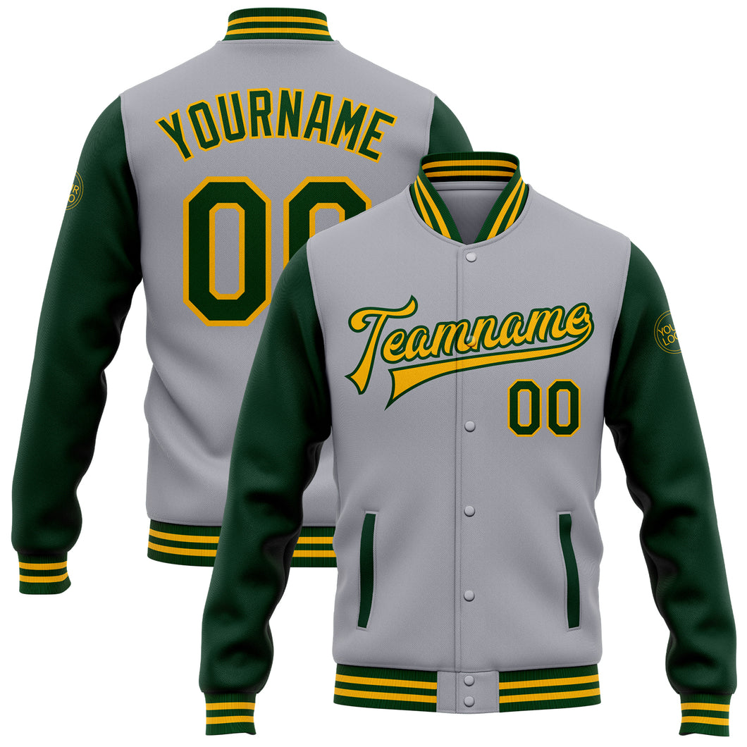 Custom Gray Green-Gold Bomber Full-Snap Varsity Letterman Two Tone Jacket