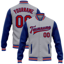 Load image into Gallery viewer, Custom Gray Red-Royal Bomber Full-Snap Varsity Letterman Two Tone Jacket

