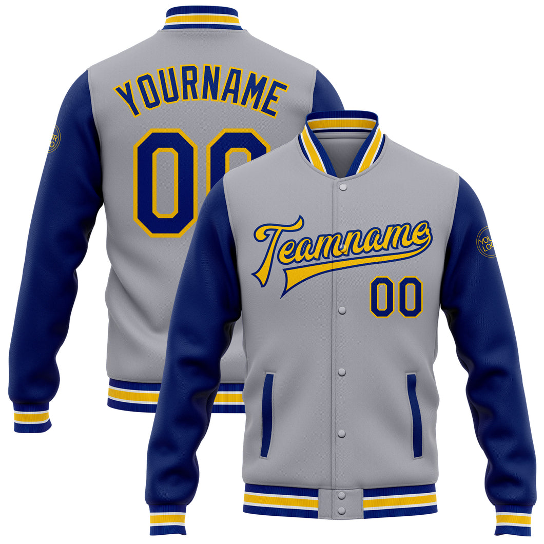 Custom Gray Royal-Yellow Bomber Full-Snap Varsity Letterman Two Tone Jacket