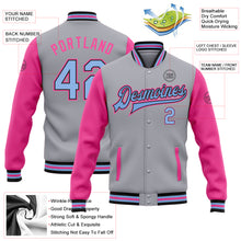 Load image into Gallery viewer, Custom Gray Light Blue Black-Pink Bomber Full-Snap Varsity Letterman Two Tone Jacket
