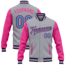 Load image into Gallery viewer, Custom Gray Light Blue Black-Pink Bomber Full-Snap Varsity Letterman Two Tone Jacket
