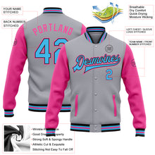 Load image into Gallery viewer, Custom Gray Sky Blue Black-Pink Bomber Full-Snap Varsity Letterman Two Tone Jacket
