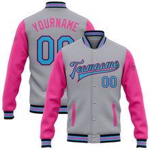 Load image into Gallery viewer, Custom Gray Sky Blue Black-Pink Bomber Full-Snap Varsity Letterman Two Tone Jacket
