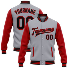 Load image into Gallery viewer, Custom Gray Black-Red Bomber Full-Snap Varsity Letterman Two Tone Jacket
