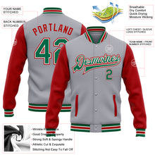 Load image into Gallery viewer, Custom Gray Kelly Green-Red Bomber Full-Snap Varsity Letterman Two Tone Jacket
