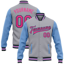 Load image into Gallery viewer, Custom Gray Pink Black-Light Blue Bomber Full-Snap Varsity Letterman Two Tone Jacket
