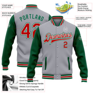 Custom Gray Red-Kelly Green Bomber Full-Snap Varsity Letterman Two Tone Jacket