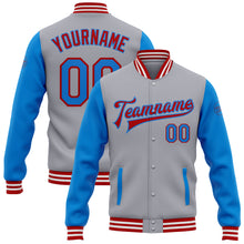 Load image into Gallery viewer, Custom Gray Electric Blue-Red Bomber Full-Snap Varsity Letterman Two Tone Jacket
