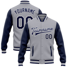 Load image into Gallery viewer, Custom Gray Navy-White Bomber Full-Snap Varsity Letterman Two Tone Jacket
