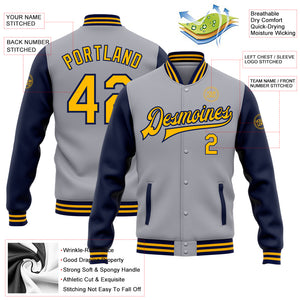 Custom Gray Gold-Navy Bomber Full-Snap Varsity Letterman Two Tone Jacket