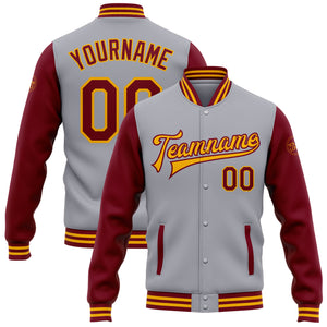 Custom Gray Crimson-Gold Bomber Full-Snap Varsity Letterman Two Tone Jacket